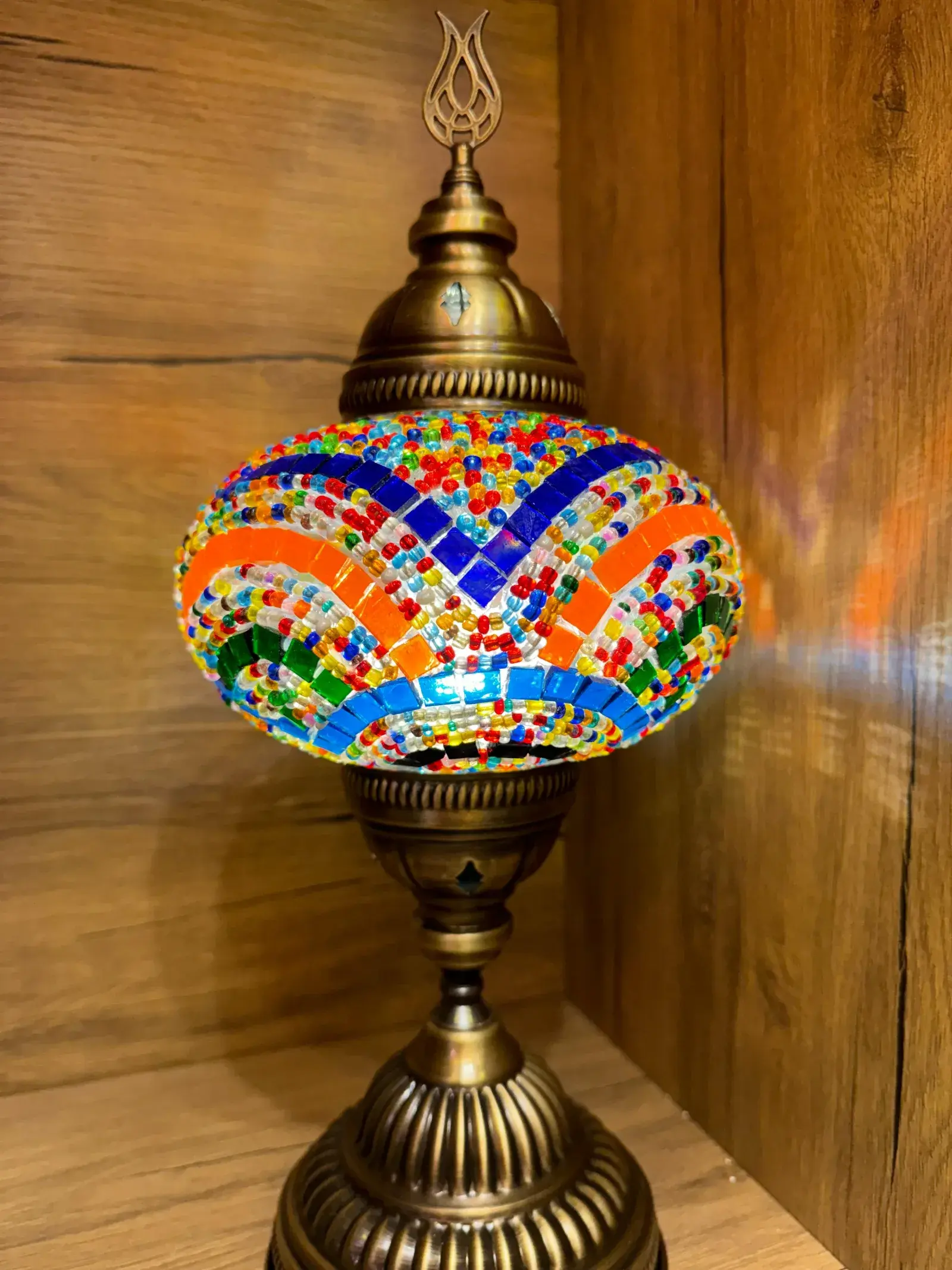 Vibrant multicolour mosaic lamp with wave pattern on a brass base, made in our Balat workshop