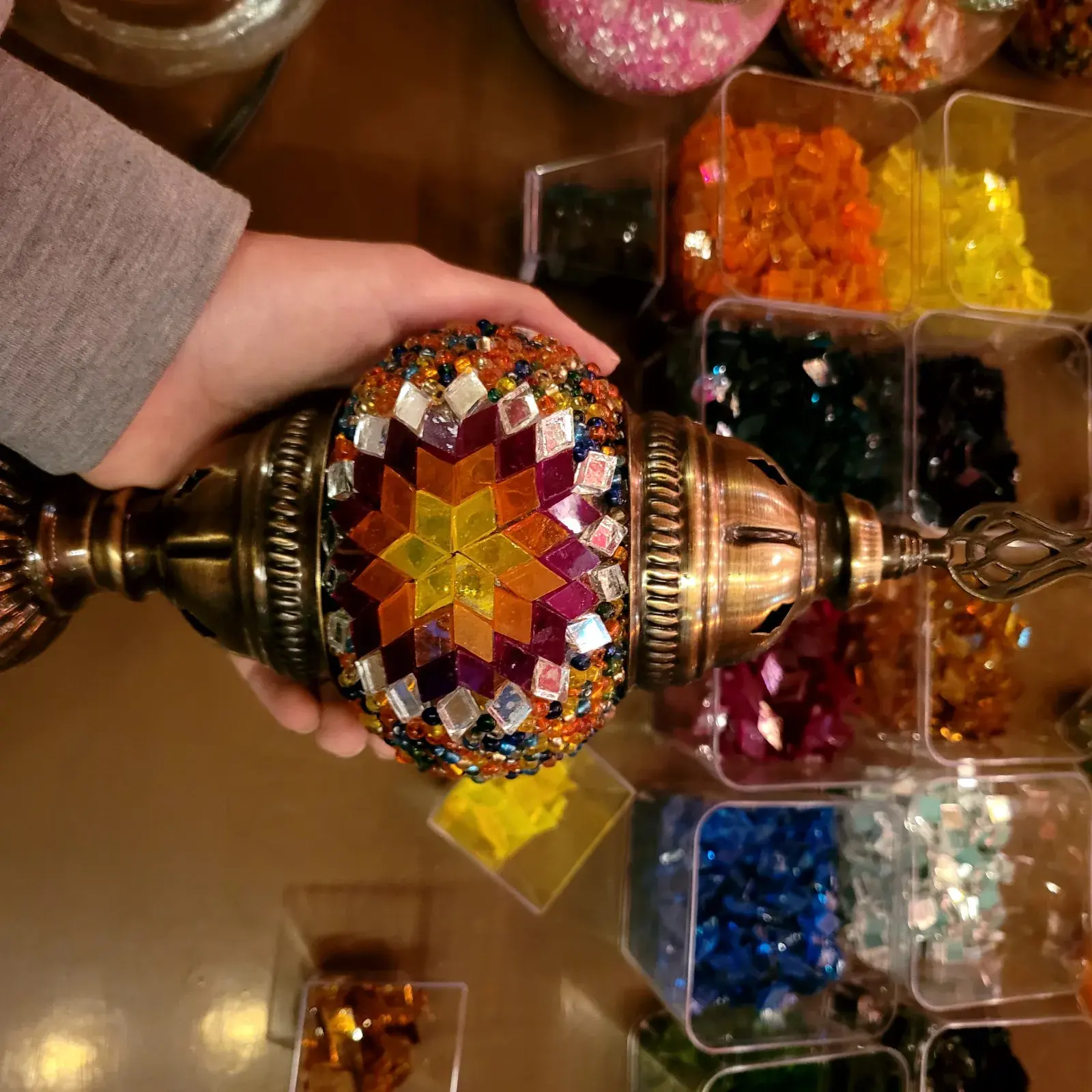 Close-up mosaic lamp detail from our Balat workshop in Istanbul