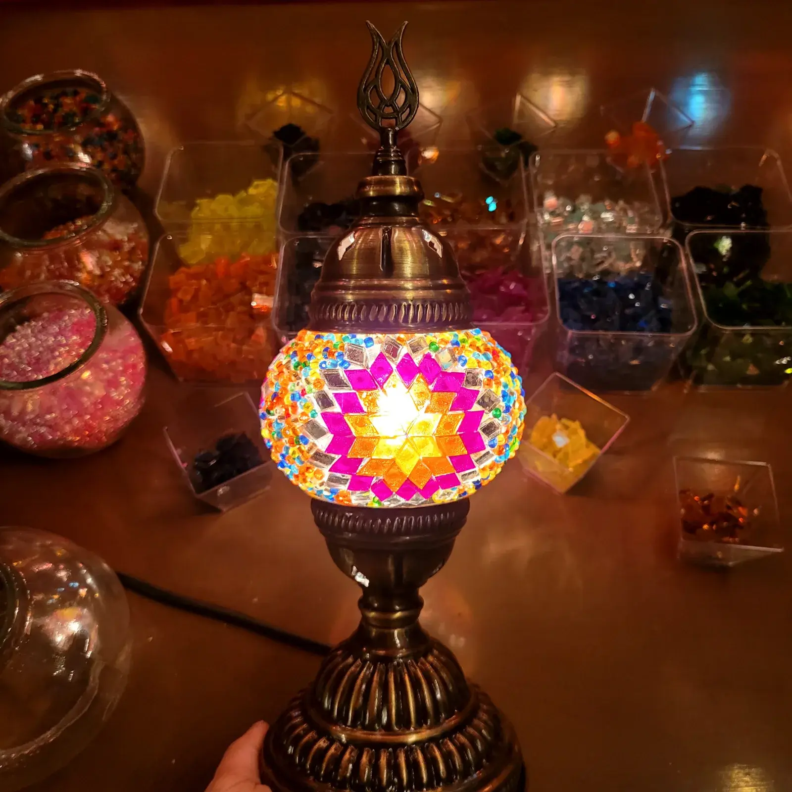 Close-up of a freshly finished mosaic lamp at our Balat workshop