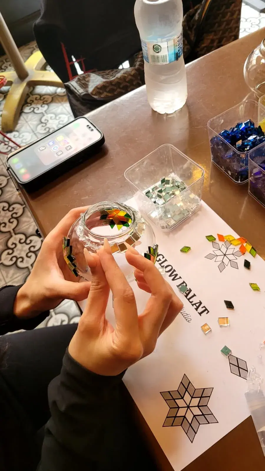 Building a mosaic lamp at the workbench in our Istanbul workshop